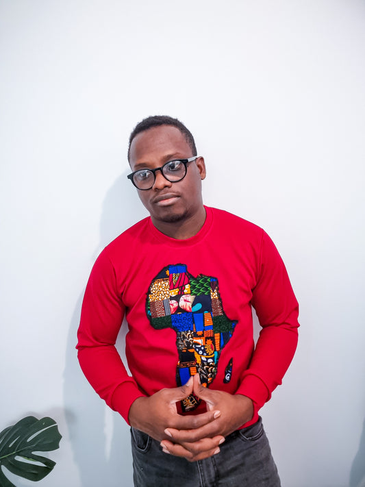 RED JUMPER WITH AFRICAN MAP EMBROIDERY